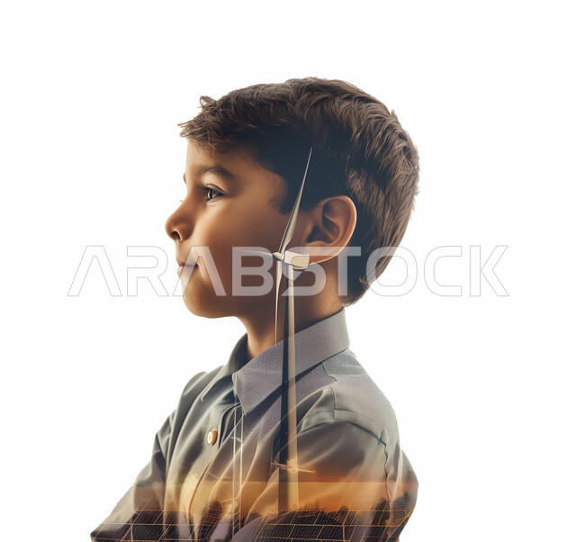 رؤية مستقبلية سعودية ٢٠٣٠، تحقيق الثورة الصناعية، مفهوم إنتاج الطاقة البديلة الصديقة للبيئة في المملكة، بورتريه من الجانب لطفل عربي خليجي سعودي مدموج بمراوح طاقة الرياح، خلفية بيضاء 