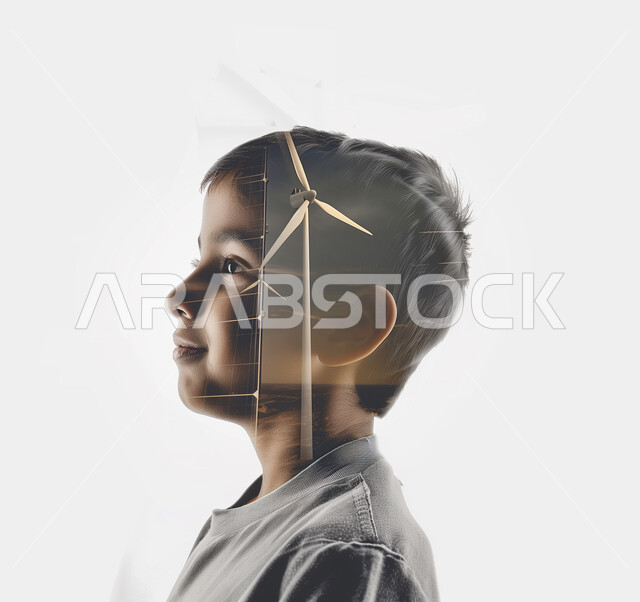 إنتاج الطاقة البديلة الصديقة للبيئة في المملكة، تحقيق الثورة الصناعية، رؤية مستقبلية سعودية ٢٠٣٠، بورتريه من الجانب لطفل عربي خليجي سعودي مدموج بمراوح طاقة الرياح، خلفية بيضاء 