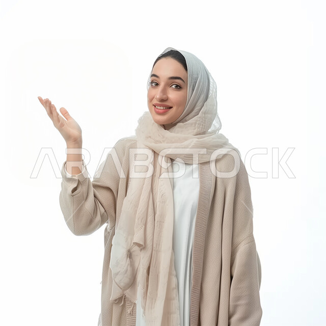 Concern about appearance, concept of femininity and softness, cold winter atmosphere, modern fashion and clothing for veiled women, raising hands with gestures of asking about something, portrait of a veiled Arab Gulf girl wearing a beige winter coat looking at the camera with expressions of confusion and hesitation, white background