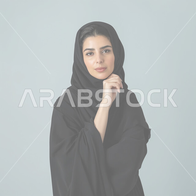 النظر إلى الكاميرا بتعابير التركيز، الاهتمام بالمظهر الخارجي، مفهوم الأنوثة والنعومة، أزياء محجبات عصرية وأنيقة، الملامح العربية القوية، تصوير فلات بألوان رو لامرأة عربية خليجية سعودية ترتدي العباية والحجاب تضع يدها على ذقنها بإيماءات التفكير، خلفية زرقاء