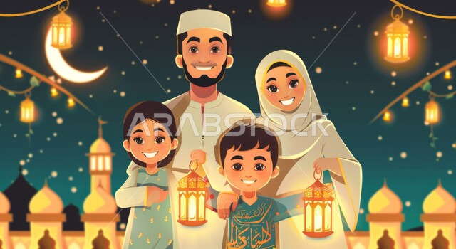 قدوم شهر رمضان المبارك، الاحتفال بالأجواء الرمضانية الروحانية مع الابناء، اضاءة و زينة و فوانيس شهر الخير، رسم توضيحي ثلاثي الابعاد لعائلة مسلمة عربية خليجية سعودية ينظرون الى الكاميرا بإيماءات السعادة، رموز دينية اسلامية، خلفية المساجد الاسلامية في وقت الليل