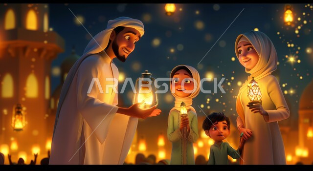 Islamic religious symbols, a three-dimensional illustration of a Saudi Arabian Gulf Muslim family celebrating the spiritual atmosphere of Ramadan with the children with gestures of happiness, the arrival of the holy month of Ramadan, lighting, decorations and lanterns of the month of goodness, the background of Islamic mosques at night time