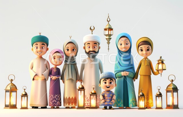 اضاءة و زينة و فوانيس شهر الخير، الترابط الاسري و الالفة بين الافراد ,قدوم شهر رمضان المبارك، الاحتفال بالأجواء الرمضانية الروحانية مع الابناء، رسم توضيحي ثلاثي الابعاد لعائلة مسلمة عربية خليجية سعودية ينظرون الى الكاميرا بإيماءات السعادة، خلفية بيضاء