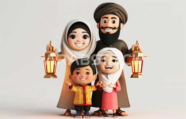  الالفة و الترابط الاسري بين الافراد ,قدوم شهر رمضان المبارك، الاحتفال بالأجواء الرمضانية الروحانية مع الابناء، اضاءة و زينة و فوانيس شهر الخير، رسم توضيحي ثلاثي الابعاد لعائلة مسلمة عربية خليجية سعودية ينظرون الى الكاميرا بإيماءات السعادة، خلفية بيضاء