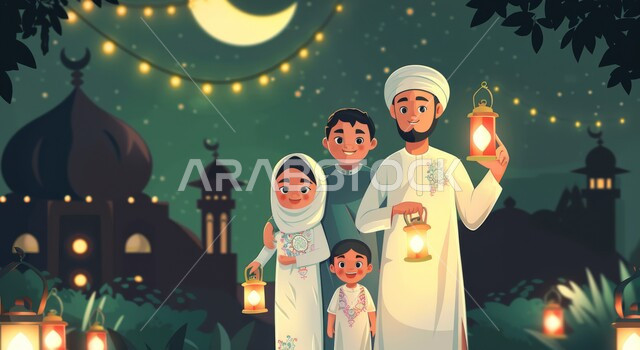 قدوم شهر رمضان المبارك، الاحتفال بالأجواء الرمضانية الروحانية مع الابناء، اضاءة و زينة و فوانيس شهر الخير، رسم توضيحي ثلاثي الابعاد لعائلة مسلمة عربية خليجية سعودية ينظرون الى الكاميرا بإيماءات السعادة، رموز دينية اسلامية، خلفية المساجد الاسلامية في وقت الليل