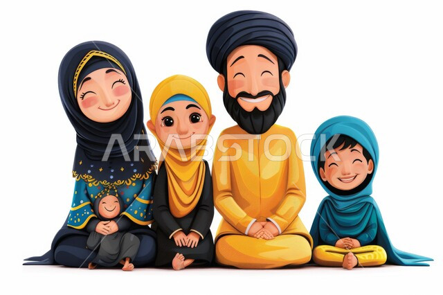 لمة الاسرة السعيدة في المجتمع العربي السعودي, النظر الى الكاميرا بتعابير السرور, رسوم كرتونية ثلاثية الابعاد لعائلة عربية خليجية سعودية تجلس برفقة الابناء, أجواء اسرية مليئة بالحب, خلفية بيضاء