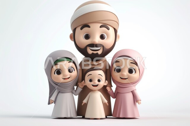 النظر الى الكاميرا بتعابير السرور, رسوم كرتونية ثلاثية الابعاد لوالد عربي خليجي سعودي يرتدي الزي التقليدي يقف باستقامة برفقة أبناءه, مفهوم العائلة السعيدة في المجتمع العربي السعودي, صورة الجسم بالطول الكامل, خلفية بيضاء