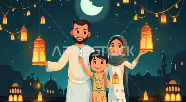 فوانيس وزينة واضاءة شهر الخير، رموز دينية اسلامية، قدوم شهر رمضان المبارك، رسم توضيحي ثلاثي الابعاد لعائلة مسلمة عربية خليجية سعودية ينظرون الى الكاميرا بإيماءات السعادة والسرور، الاحتفال بالأجواء الرمضانية الروحانية، خلفية المساجد الاسلامية في وقت الليل