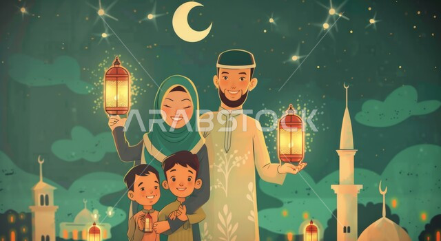  فوانيس وزينة واضاءة شهر الخير، رسم توضيحي ثلاثي الابعاد لعائلة مسلمة عربية خليجية سعودية ينظرون الى الكاميرا بإيماءات السعادة، رموز دينية اسلامية، الاحتفال بالأجواء الرمضانية الروحانية مع الابناء، قدوم شهر رمضان المبارك، خلفية المساجد الاسلامية في وقت الليل