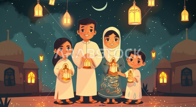 زينة واضاءة و فوانيس شهر الخير، رسم توضيحي ثلاثي الابعاد لعائلة مسلمة عربية خليجية سعودية ينظرون الى الكاميرا بإيماءات السعادة، رموز دينية اسلامية، الاحتفال بالأجواء الرمضانية الروحانية مع الابناء، قدوم شهر رمضان المبارك، خلفية المساجد الاسلامية في وقت الليل