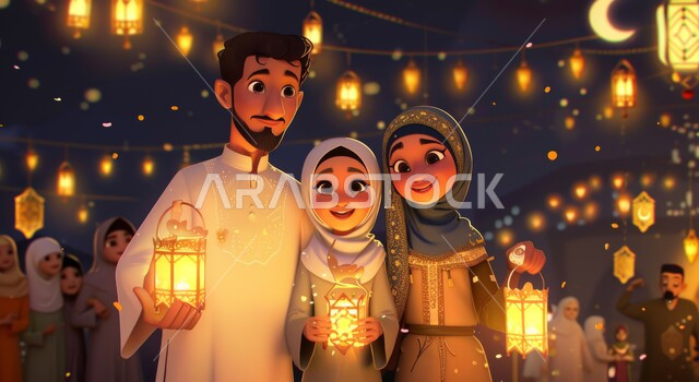 Celebrating the coming of holidays and religious occasions with children, lanterns, decorations and lighting of the good month, the spiritual atmosphere of Ramadan, a 3D illustration of a Saudi Arabian Gulf Muslim family looking at the camera with happy gestures, sky background with the crescent moon at night time