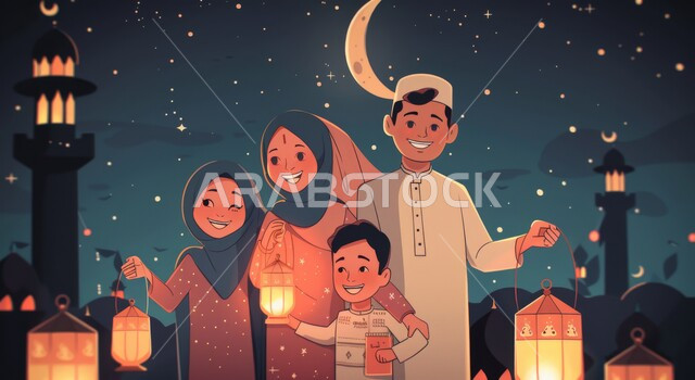 زينة واضاءة و فوانيس شهر الخير، رسم توضيحي ثلاثي الابعاد لعائلة مسلمة عربية خليجية سعودية ينظرون الى الكاميرا بإيماءات السعادة، رموز دينية اسلامية، الاحتفال بالأجواء الرمضانية الروحانية مع الابناء، قدوم شهر رمضان المبارك، خلفية المساجد الاسلامية في وقت الليل