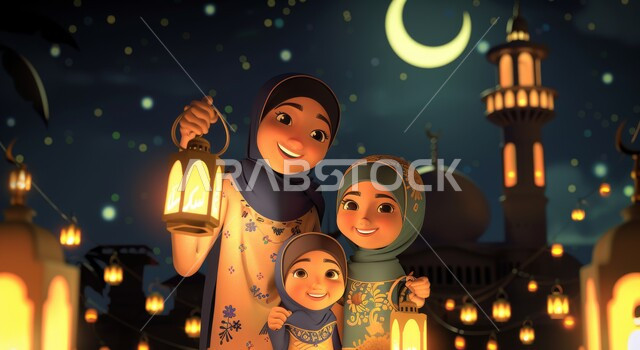  الاحتفال بالأجواء الرمضانية الروحانية، زينة واضاءة و فوانيس شهر الخير، رسم توضيحي ثلاثي الابعاد لامرأة مسلمة عربية خليجية سعودية برفقة ابنائها ينظرون الى الكاميرا بإيماءات السعادة، رموز دينية اسلامية، قدوم شهر رمضان المبارك، خلفية المساجد الاسلامية في وقت الليل