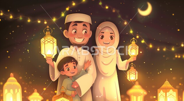  قدوم شهر رمضان المبارك، الاحتفال بالأجواء الرمضانية الروحانية مع الابناء، زينة واضاءة و فوانيس شهر الخير، رسم توضيحي ثلاثي الابعاد لعائلة مسلمة عربية خليجية سعودية ينظرون الى الكاميرا بإيماءات السعادة، رموز دينية اسلامية، خلفية المساجد الاسلامية في وقت الليل