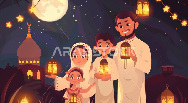  قدوم شهر رمضان المبارك، الاحتفال بالأجواء الرمضانية الروحانية مع الابناء، زينة واضاءة و فوانيس شهر الخير، رسم توضيحي ثلاثي الابعاد لعائلة مسلمة عربية خليجية سعودية ينظرون الى الكاميرا بإيماءات السعادة، رموز دينية اسلامية، خلفية المساجد الاسلامية في وقت الليل