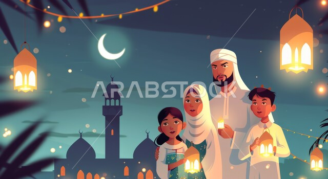 اضاءة و زينة و فوانيس شهر الخير، قدوم شهر رمضان المبارك، الاحتفال بالأجواء الرمضانية الروحانية مع الابناء، رسم توضيحي ثلاثي الابعاد لعائلة مسلمة عربية خليجية سعودية ينظرون الى الكاميرا بإيماءات السعادة، رموز دينية اسلامية، خلفية المساجد الاسلامية في وقت الليل