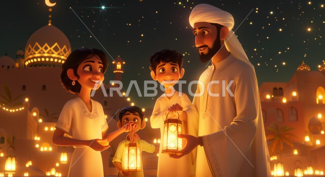 رسم توضيحي ثلاثي الابعاد لعائلة مسلمة عربية خليجية سعودية يحتفلون بالمناسبات الدينية بإيماءات السعادة، اضاءة و زينة و فوانيس شهر الخير، قدوم شهر رمضان المبارك، الاحتفال بالأجواء الرمضانية الروحانية مع الابناء، خلفية المساجد الاسلامية في وقت الليل