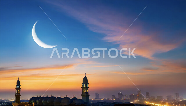 هلال شهر رمضان المبارك، منظر الهلال في السماء فوق المدينة، الغيوم المتفرقة في الليل، دخول شهر هجري جديد