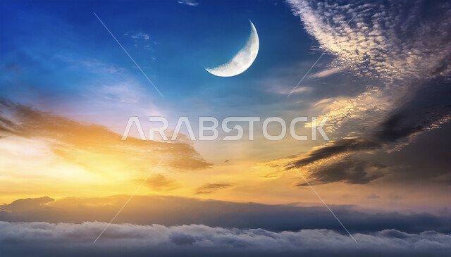 Crescent moon in the sky above the city, scattered clouds at night, the beginning of a new Hijri month, the crescent moon of the holy month of Ramadan