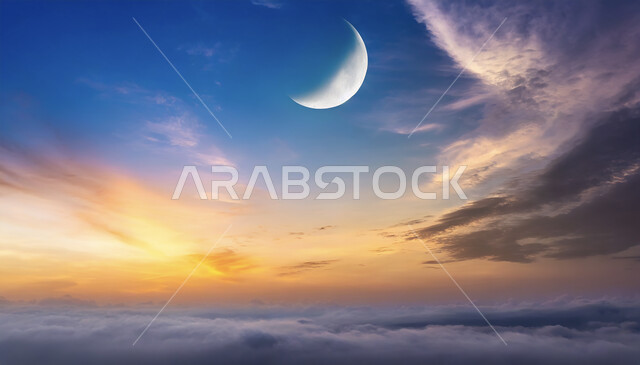 منظر الهلال في السماء فوق المدينة، الغيوم المتفرقة في الليل، دخول شهر هجري جديد، هلال شهر رمضان المبارك