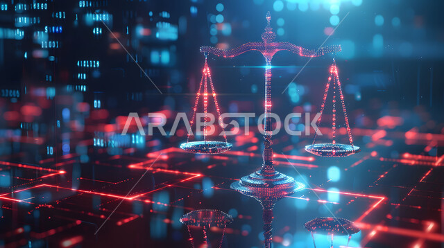 رسوم هولوجراميه ثلاثية الابعاد لميزان ذو كفتين مع خطوط مضيئه, مفهوم القضاء والحكم العادل, التحول الرقمي التكنولوجي في القضايا و المحاكم, خلفية سوداء