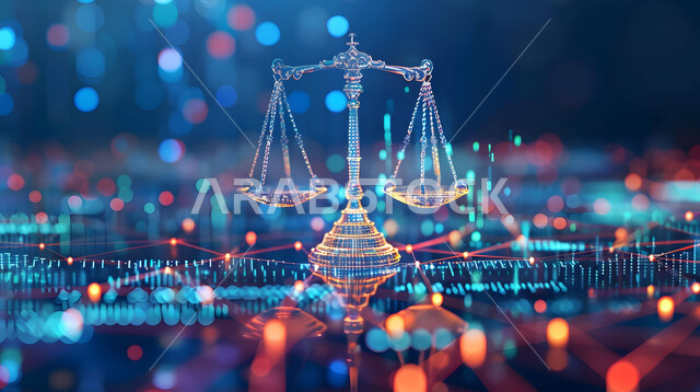 رسوم هولوجراميه ثلاثية الابعاد لميزان ذو كفتين مع خطوط مضيئه, مفهوم القضاء والحكم العادل, التحول الرقمي التكنولوجي في القضايا و المحاكم, خلفية سوداء