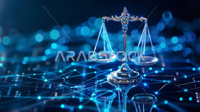 التحول الرقمي التكنولوجي في القضايا و المحاكم, رسوم هولوجراميه ثلاثية الابعاد لميزان ذو كفتين مع خطوط مضيئه, مفهوم القضاء والحكم العادل, خلفية سوداء
