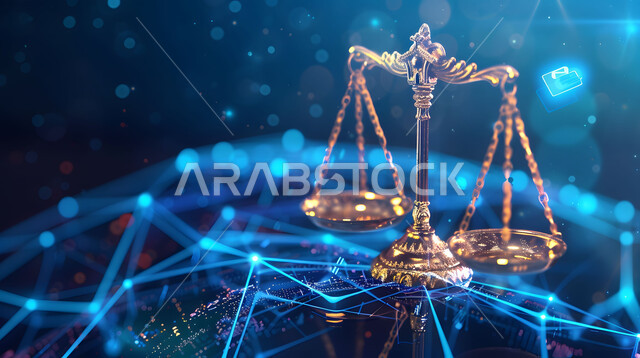 رسوم هولوجراميه ثلاثية الابعاد لميزان ذو كفتين مع خطوط مضيئه, مفهوم القضاء والحكم العادل, التحول الرقمي التكنولوجي في القضايا و المحاكم, خلفية سوداء