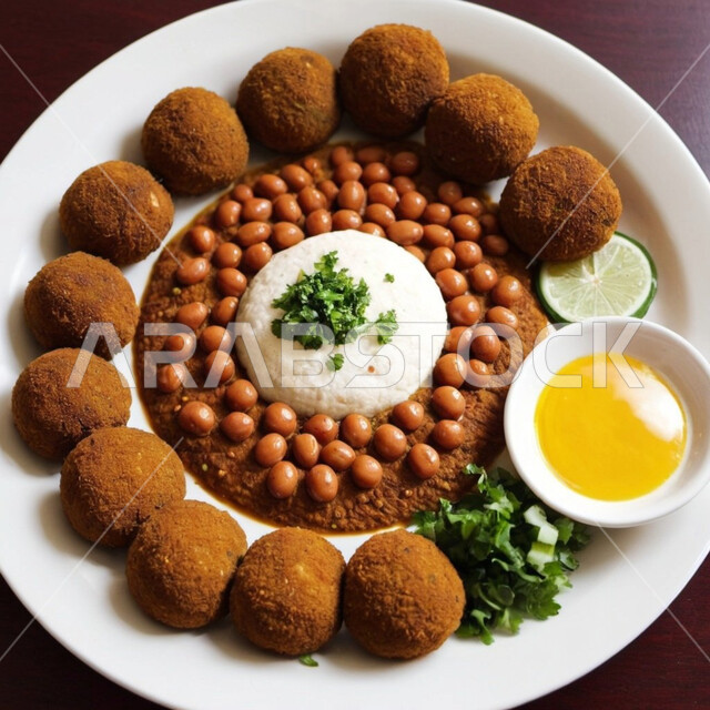 صورة مقربة لطبق من اقراص الفلافل مع الخضروات، مطاعم للمأكولات العربية الشرقية، وجبات الطعام الشهية، طبق افطار شهي من اقراص الفلافل والحمص