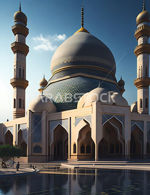 المآذن والقبب المزخرفة، ديكورات وتصاميم اسلامية ثري دي، رسم توضيحي لتصميم مسجد اسلامي، الفن الهندسي المعماري على الطراز العربي العريق، اماكن للعبادة والطاعه والتقرب الى الله