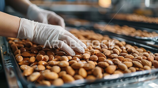 حبوب اللوز في علبة بلاستيكية، صورة مقربة لأيدي عامل سعودي خليجي عربي يرتدي قفازات يقوم بفرز المكسرات الشهية، نظام غذائي مفيد، وجبات صحية ذات قيمة عالية