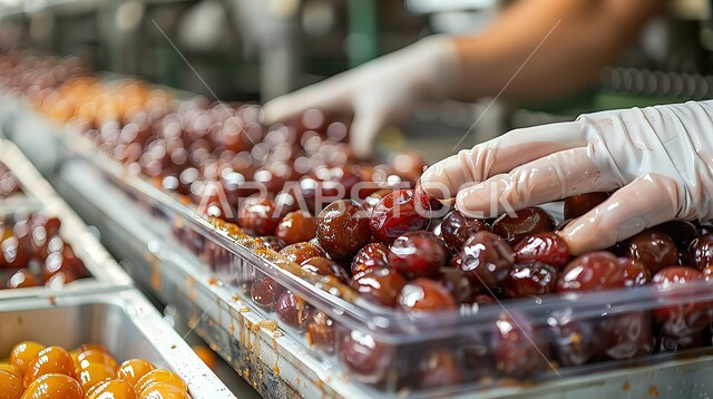 Date fruits in a plastic box, a close-up of the hands of workers wearing gloves sorting the fruits inside the restaurant, delicious fresh dates, a beneficial diet, healthy meals of high value, the concept of sorting and packaging