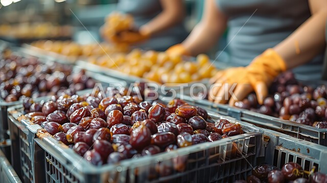 ثمار التمر في علبة بلاستيكية، لقطة مقرّبة لأيدي عمال يرتدون القفازات يقومون بفرز الثمار داخل المطعم، التمور الطازجة الشهية، نظام غذائي مفيد، وجبات صحية ذات قيمة عالية، مفهوم الفرز والتعبئة