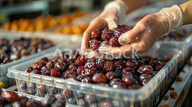 Date fruits in a plastic box, a close-up of the hands of workers wearing gloves sorting the fruits inside the restaurant, delicious fresh dates, a beneficial diet, healthy meals of high value, the concept of sorting and packaging