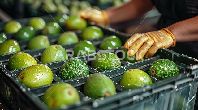 فاكهة الأفوكادو في صندوق بلاستيكي، لقطة مقربة لأيدي عمال يرتدون القفازات يقومون بفرز الفاكهة داخل المطعم، فواكه طازجة شهية، نظام غذائي مفيد، وجبات صحية ذات قيمة عالية