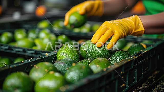 فاكهة الأفوكادو في صندوق بلاستيكي، لقطة مقربة لأيدي عمال يرتدون القفازات يقومون بفرز الفاكهة داخل المطعم، فواكه طازجة شهية، نظام غذائي مفيد، وجبات صحية ذات قيمة عالية