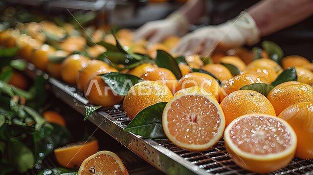 فاكهة البرتقال في صندوق بلاستيكي، صورة مقربة لأيدي عمال يرتدون القفازات يقومون بفرز الفاكهة داخل المطعم، فواكه طازجة شهية غنية بالفيتامينات، نظام غذائي مفيد، وجبات صحية ذات قيمة عالية
