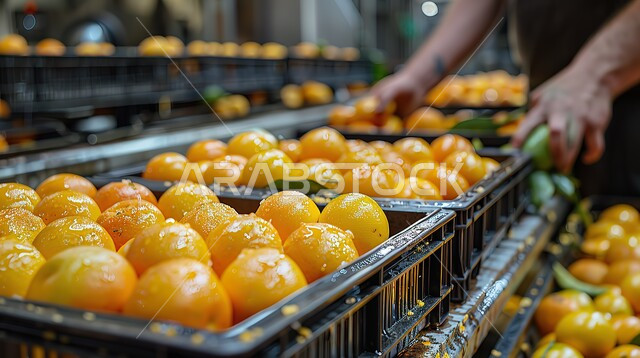فاكهة البرتقال في صندوق بلاستيكي، صورة مقربة لأيدي عمال يرتدون القفازات يقومون بفرز الفاكهة داخل المطعم، فواكه طازجة شهية غنية بالفيتامينات، نظام غذائي مفيد، وجبات صحية ذات قيمة عالية