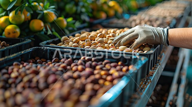 الفستق الشرقي وردي اللون في علبة بلاستيكية، صورة مقربة لأيدي عامل خليجي سعودي يرتدي القفازات يقوم بفرز الثمار، نظام غذائي مفيد، وجبات صحية ذات قيمة عالية، مكسرات شرقية شهية