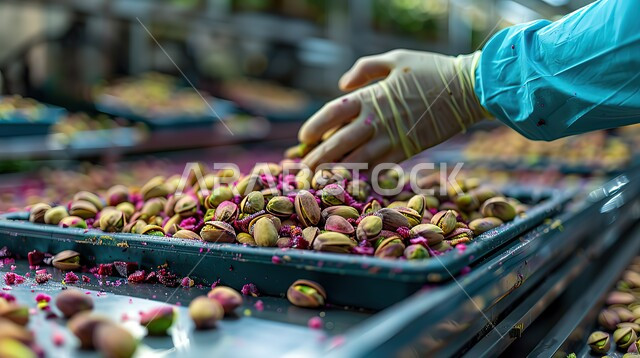 الفستق الشرقي وردي اللون في علبة بلاستيكية، صورة مقربة لأيدي عامل خليجي سعودي يرتدي القفازات يقوم بفرز الثمار، نظام غذائي مفيد، وجبات صحية ذات قيمة عالية، مكسرات شرقية شهية