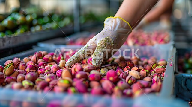 الفستق الشرقي وردي اللون في علبة بلاستيكية، صورة مقربة لأيدي عامل خليجي سعودي يرتدي القفازات يقوم بفرز الثمار، نظام غذائي مفيد، وجبات صحية ذات قيمة عالية، مكسرات شرقية شهية