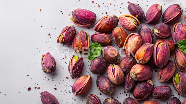الفستق العاشوري الشرقي وردي اللون، صورة مقربة لمجموعة من حبات المكسرات العربية، نظام غذائي مفيد، وجبات صحية ذات قيمة عالية، مكسرات شرقية شهية، خلفية بيضاء
