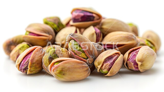 الفستق العاشوري الشرقي، صورة مقربة لمجموعة من حبات المكسرات العربية، نظام غذائي مفيد، وجبات صحية ذات قيمة عالية، اكلات شرقية شهية، خلفية بيضاء