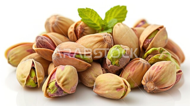 الفستق العاشوري الشرقي، صورة مقربة لمجموعة من حبات المكسرات العربية، نظام غذائي مفيد، وجبات صحية ذات قيمة عالية، اكلات شرقية شهية، خلفية بيضاء