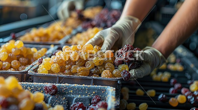 حبات الزبيب في علبة بلاستيكية، صورة مقربة لأيدي عامل سعودي خليجي عربي يرتدي القفازات يقوم بفرز فاكهة العنب المجفف، نظام غذائي مفيد، وجبات صحية ذات قيمة عالية