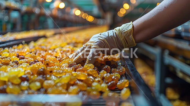 Raisins in a plastic box, a close-up picture of the hands of a Saudi Gulf Arab worker wearing gloves sorting dried grape fruit, a beneficial diet, healthy meals of high value