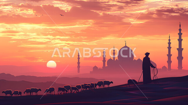 تضحيات وقرابين عيد الأضحى، الاهتمام بتربية الثدييات والمواشي، صورة ظلية لراعي يرعى قطيعا من الأغنام، منظر غروب الشمس في المناطق الطبيعية بالمملكة العربية السعودية، خلفية قباب ومآذن المساجد ، سيلوليت