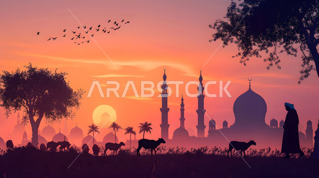 تضحيات وقرابين عيد الأضحى، الاهتمام بتربية الثدييات والمواشي، صورة ظلية لراعي يرعى قطيعا من الأغنام، منظر غروب الشمس في المناطق الطبيعية بالمملكة العربية السعودية، خلفية قباب ومآذن المساجد ، سيلوليت