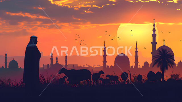 تضحيات وقرابين عيد الأضحى، الاهتمام بتربية الثدييات والمواشي، صورة ظلية لراعي يرعى قطيعا من الأغنام، منظر غروب الشمس في المناطق الطبيعية بالمملكة العربية السعودية، خلفية قباب ومآذن المساجد ، سيلوليت