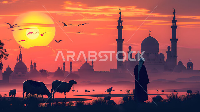 تضحيات وقرابين عيد الأضحى، الاهتمام بتربية الثدييات والمواشي، صورة ظلية لراعي يرعى قطيعا من الأغنام، منظر غروب الشمس في المناطق الطبيعية بالمملكة العربية السعودية، خلفية قباب ومآذن المساجد ، سيلوليت